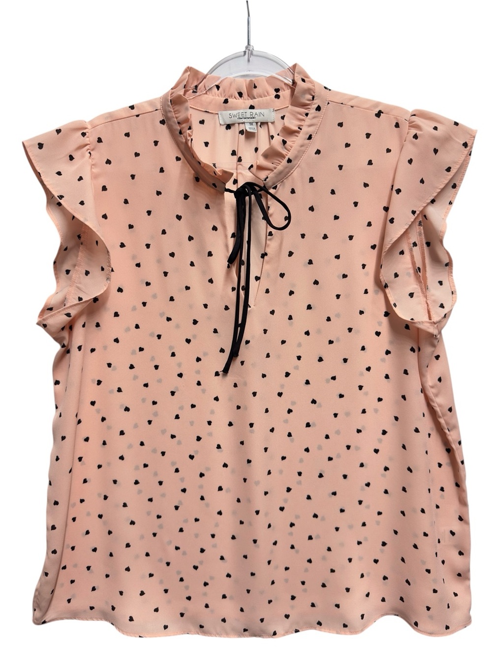 Tuxedo Silky Chiffon Knit Heart Dots Ruffle Pleated Flutter Blouse Top